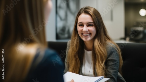A young professional woman smiles warmly during a consultation, displaying confidence and friendliness in a modern office setting.