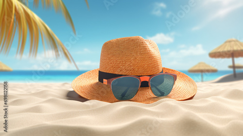 Hat and sunglasses on the beach vacation concept
