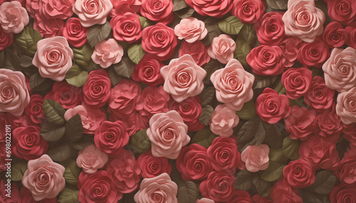 Pink and white rose flowers wall. Top view flower wall background.