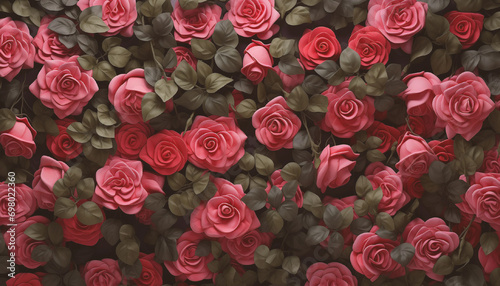 Pink and red rose flowers wall. Top view flower wall background.