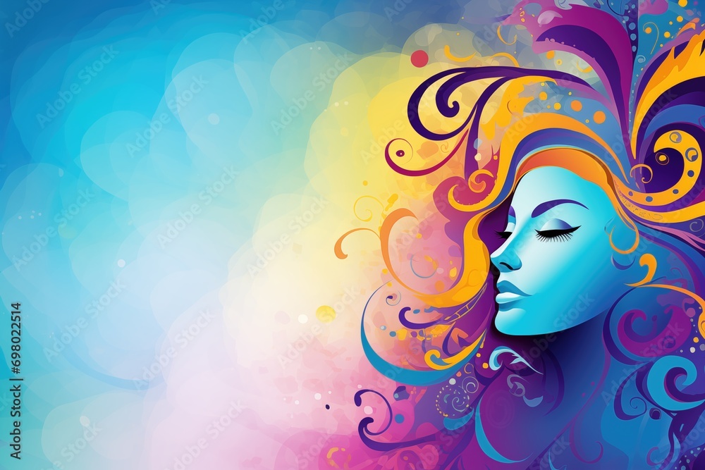 Beautiful young woman with mask and long hair on colorful background. Abstract background for Mardi Gras, Carnival, Fat Tuesday, Bali Hindu New Year - obrazy, fototapety, plakaty 