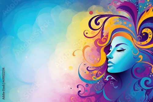 Beautiful young woman with mask and long hair on colorful background. Abstract background for Mardi Gras, Carnival, Fat Tuesday, Bali Hindu New Year