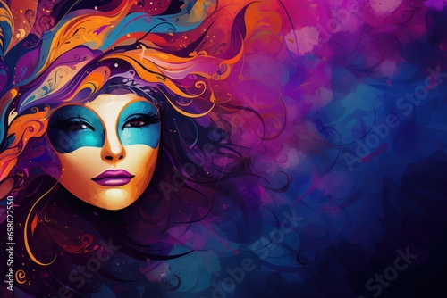 Beautiful young woman with mask and long hair on colorful background. Abstract background for Mardi Gras, Carnival or Fat Tuesday photo