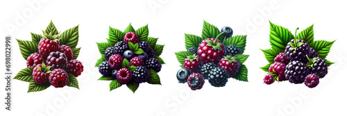  Collection Set of fresh Boysenberry, isolated over on transparent white background photo