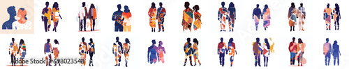 Set of Abstract couple silhouette with vitiligo of different nationalities standing together. Vector concept to support people living with vitiligo and to build awareness about chronic skin disorder.