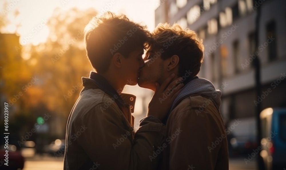 two gay guys kiss passionately on the evening street two gay guys kiss passionately on the evening street