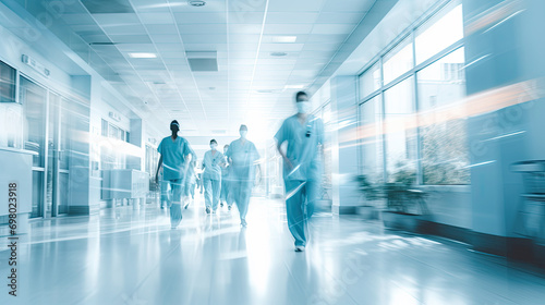 Blurred in motion hospital corridor with running doctors in uniform. photo