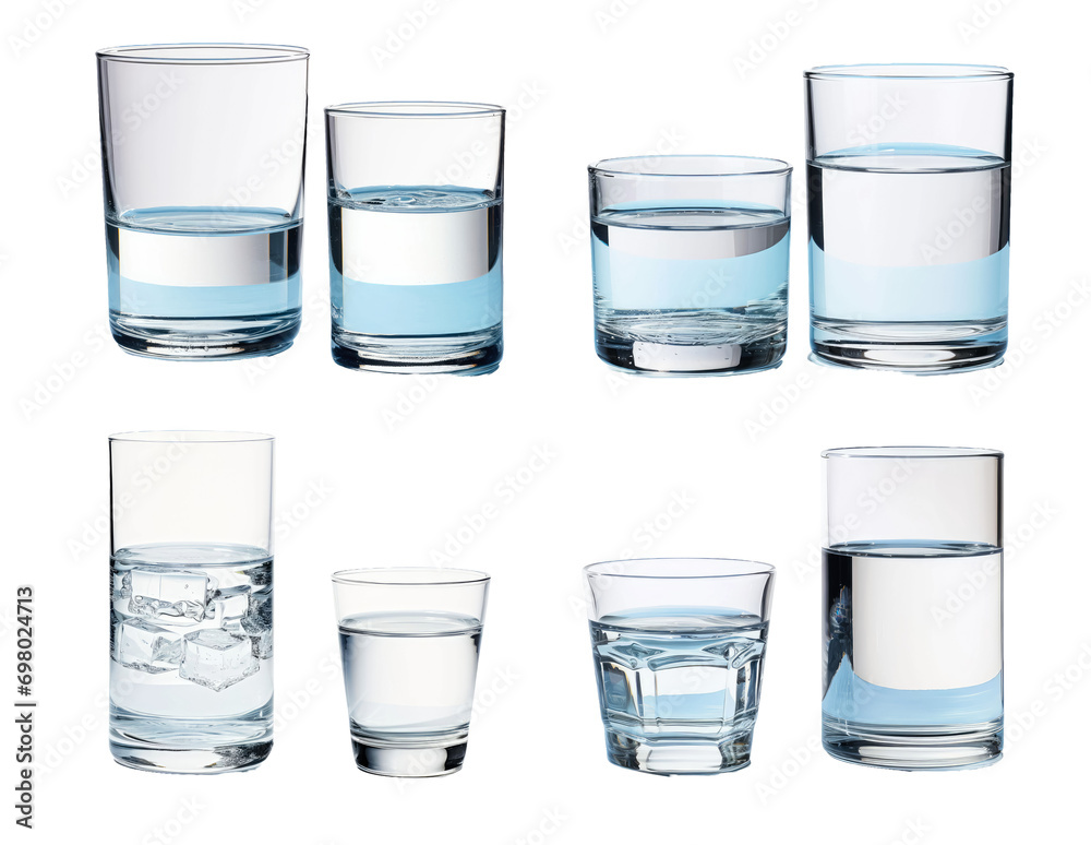 glasses of different sizes of water on a white background glasses of different sizes of water on a white background