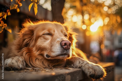 AI illustration of a golden retriever dog laying against a peaceful scene at sunset.