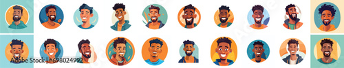 Set of a Portrait and avatar of male. Laughter and joy, smile and calmness. Diversity of personage, multiethnic society. Cartoon character, vector in flat style, flat color. 