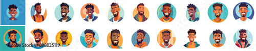 Set of a Portrait and avatar of male. Laughter and joy, smile and calmness. Diversity of personage, multiethnic society. Cartoon character, vector in flat style, flat color. 