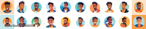 Set of a Portrait and avatar of male. Laughter and joy, smile and calmness. Diversity of personage, multiethnic society. Cartoon character, vector in flat style, flat color. 
