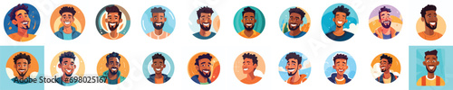 Set of a Portrait and avatar of male. Laughter and joy, smile and calmness. Diversity of personage, multiethnic society. Cartoon character, vector in flat style, flat color. 