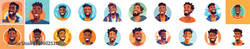 Set of a Portrait and avatar of male. Laughter and joy, smile and calmness. Diversity of personage, multiethnic society. Cartoon character, vector in flat style, flat color. 