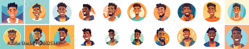 Set of a Portrait and avatar of male. Laughter and joy, smile and calmness. Diversity of personage, multiethnic society. Cartoon character, vector in flat style, flat color. 