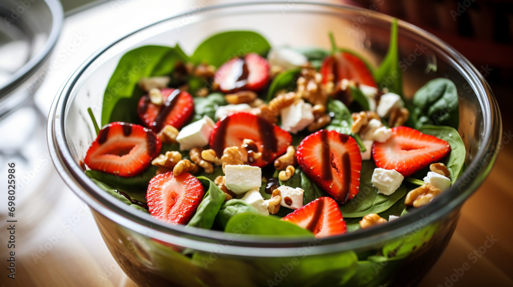 Fresh strawberries, spinach and goat cheese salad with grilled chicken breast. Generative AI Fresh strawberries, spinach and goat cheese salad with grilled chicken breast. Generative AI