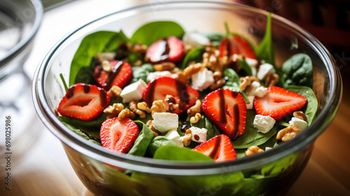Fresh strawberries, spinach and goat cheese salad with grilled chicken breast. Generative AI photo