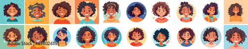 Set of a Portrait and avatar of girl. Laughter and joy, smile and calmness. Diversity of personage, multiethnic society. Cartoon character, vector in flat style, flat color