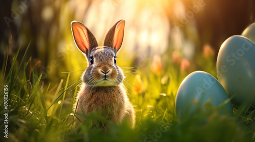 Niedlicher Hase mit Ostereiern lauscht aufmerksam auf grüner Blumenwiese photo
