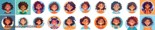 Set of a Portrait and avatar of girl. Laughter and joy, smile and calmness. Diversity of personage, multiethnic society. Cartoon character, vector in flat style, flat color
