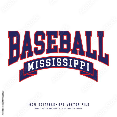 Baseball Mississippi typography design vector. Editable college t-shirt design printable text effect vector 