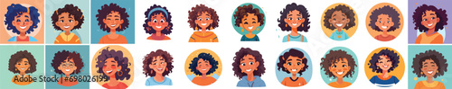 Set of a Portrait and avatar of girl. Laughter and joy, smile and calmness. Diversity of personage, multiethnic society. Cartoon character, vector in flat style, flat color