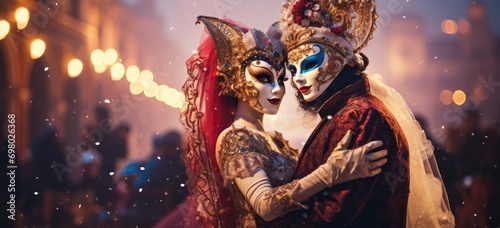 Elegant masked couple dancing at the Carnival of Venice Banner.