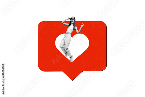 Horizontal photo collage template of young hip hop dancer woman stand in huge like heart love icon isolated on white background