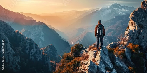 Adventure and exploration in heart of nature. Lone traveler adorned with backpack stands triumphantly on mountain peak gazing at breathtaking panoramic. Rugged terrain dusted with snow touch of winter