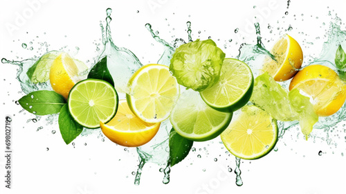 Slices of fresh and ripe lime with ice cubes, splashing water and mint leaves photo