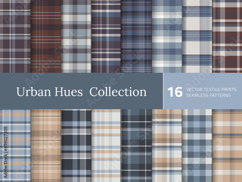 Set Tartan Plaid Seamless Pattern. Texture for plaid, tablecloths, shirts, clothes, bedding, blankets and other textile. Collection of urban blue and grey backdrops. Vector illustration. Vol 02