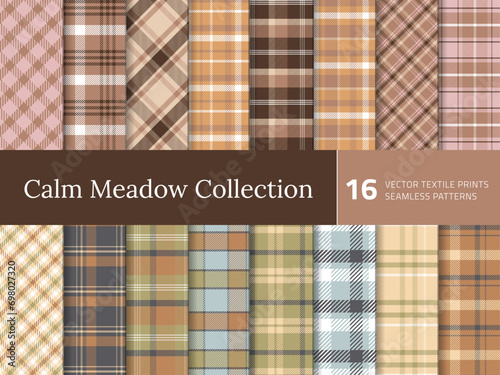 Set Tartan Plaid Seamless Pattern. Texture for plaid, tablecloths, shirts, clothes, bedding, blankets and other textile. Collection of meadow brown and green  backdrops. Vector illustration. Vol 05