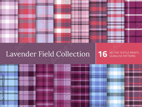 Set Tartan Plaid Seamless Pattern. Texture for plaid, tablecloths, shirts, clothes, bedding, blankets and other textile. Collection of lavender violet and red backdrops. Vector illustration. Vol 03