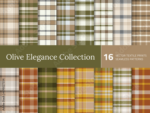 Set Tartan Plaid Seamless Pattern. Texture for plaid, tablecloths, shirts, clothes, dresses, bedding, blankets and other textile. Collection of green and olive backdrops. Vector illustration. Vol 01