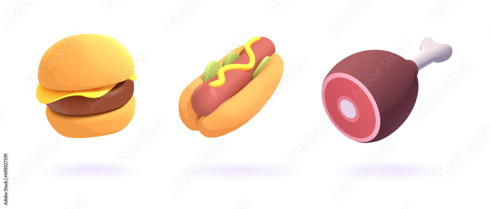 Food Vector Icons Set. Tasty Fast food products isolated on white background. Hamburger, Hotdog, piece of Meat.