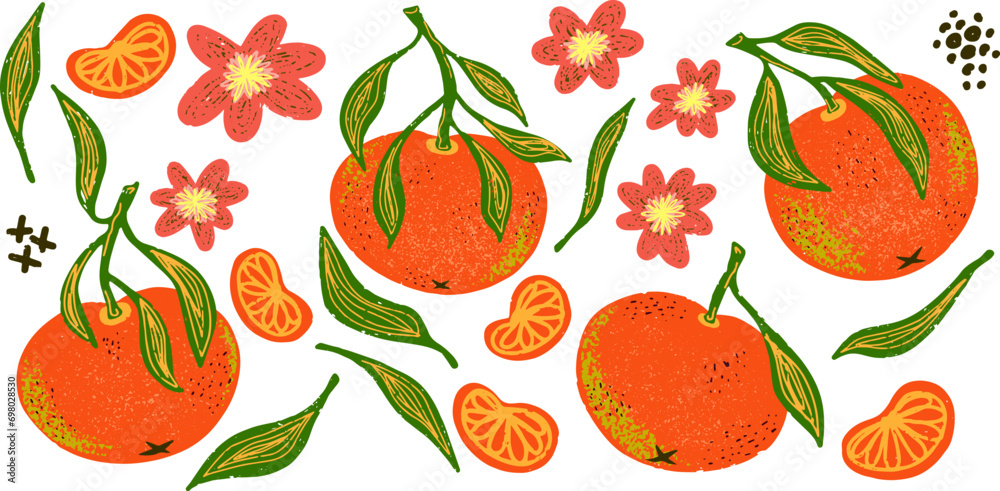 Tangerine, slices, flowers and leaves. Plant texture graphic elements. Vector set, clipart, bundle Tangerine, slices, flowers and leaves. Plant texture graphic elements. Vector set, clipart, bundle