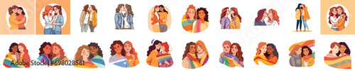 set of a Lesbian Couple being loving and happy. Two gay girls kissing. Pride community concept. Hand drawn Vector illustration. Isolated on white background, flat colors, outline