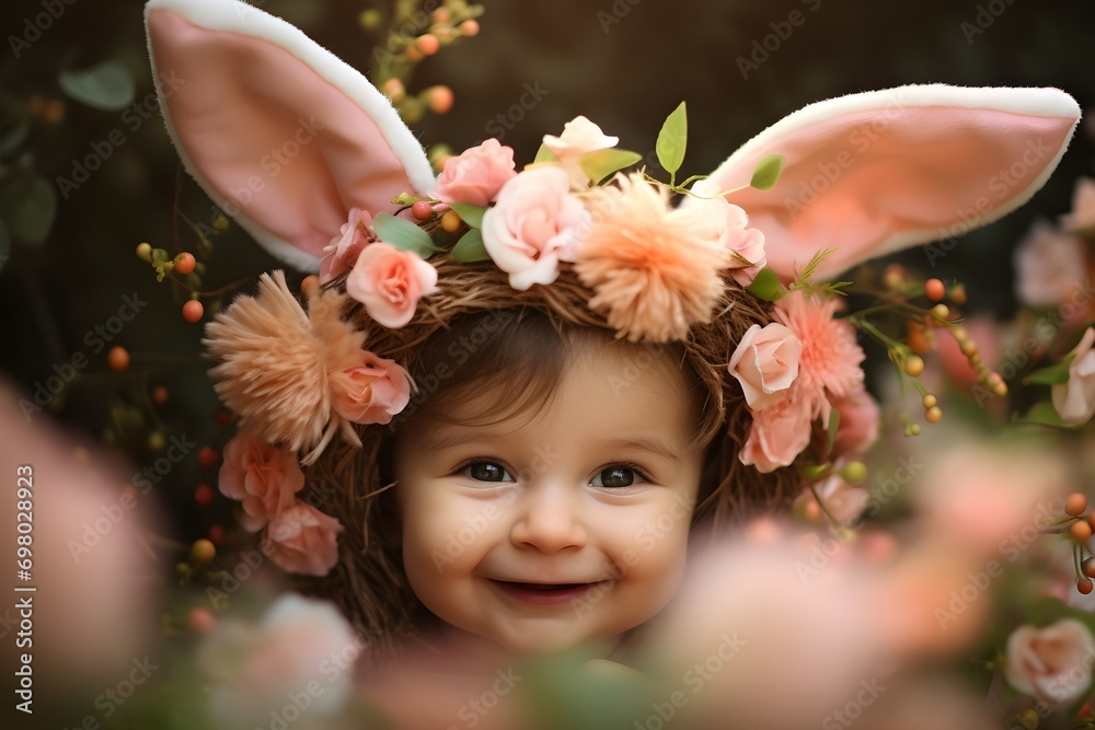 Obraz premium little child with eater rabbit ear and flower in nature