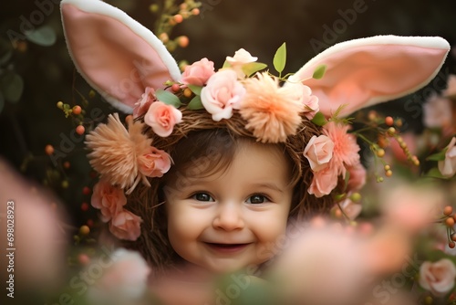 little child with eater rabbit ear and flower in nature