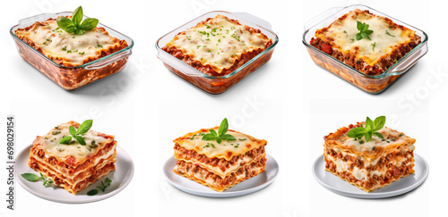 Collection of lasagna on plat and on box on isolate transparency background, PNG