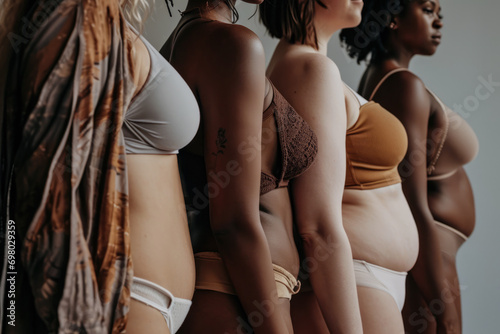 Young diverse group of women wearing underwear. Concept image representing diversity and self acceptance photo