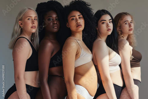 Young diverse group of women wearing underwear. Concept image representing diversity and self acceptance