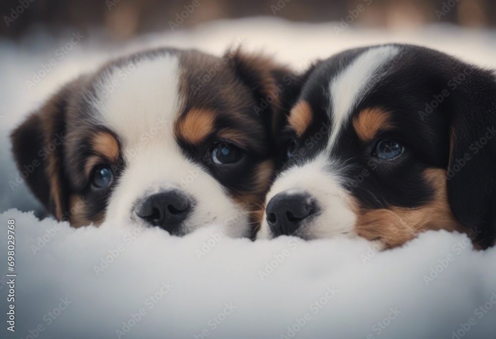 AI generated illustration of Two adorable puppies in the snow