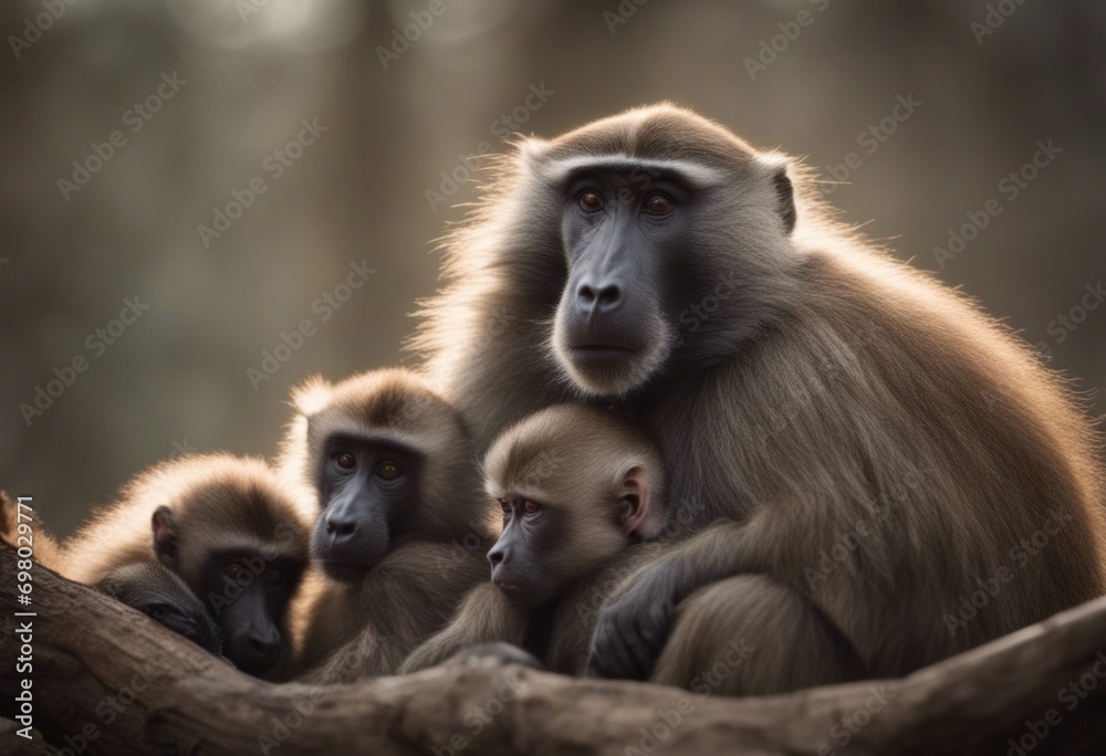 A loving mother monkey and her four cubs are perched together on a log