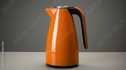 A modern stainless steel thermos kettle with a plastic handle, featuring a simple and elegant design for the European market. Generative AI. photo