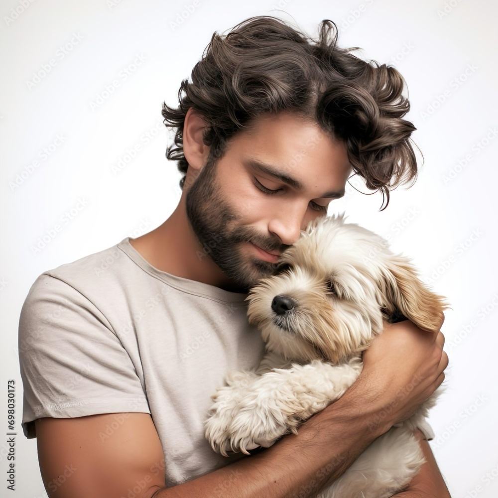Pet lover Man good bonding with his puppy in his arms cuddling. Pet lover Man good bonding with his puppy in his arms cuddling.