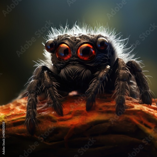 A spider with red eyes sitting on a branch. Generative AI.