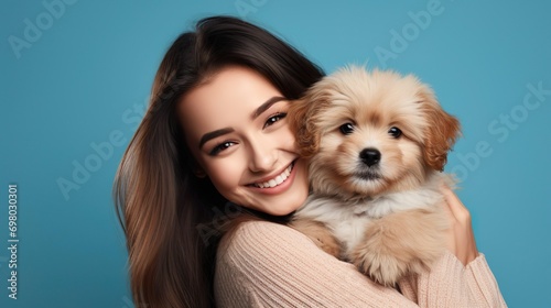Cute young joy woman hugging cute puppies smiling happy gesture.
