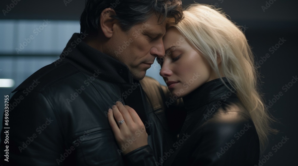 A man and woman in leather jackets are embracing. Generative AI. A man and woman in leather jackets are embracing. Generative AI.