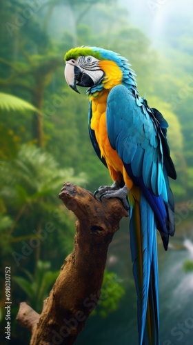 A blue and yellow parrot sitting on a branch in the jungle. Generative AI.